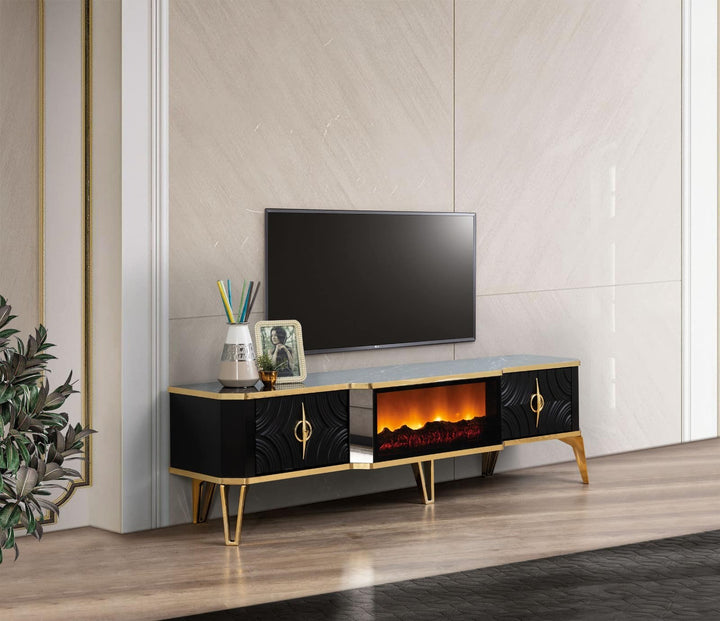 Viyana Meuble TV Avec Cheminée Noir Doré