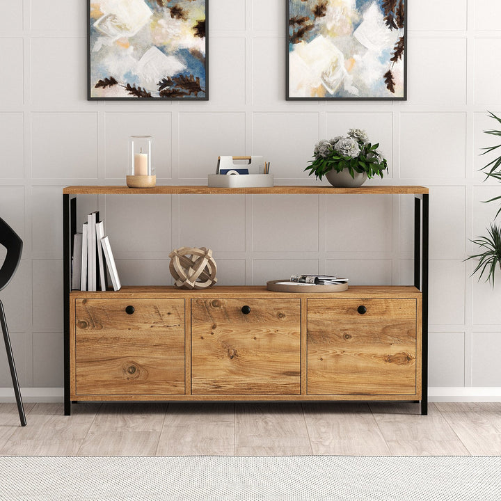 Buffet haut style industriel Halzo L120xH100cm Bois clair et Métal Noir