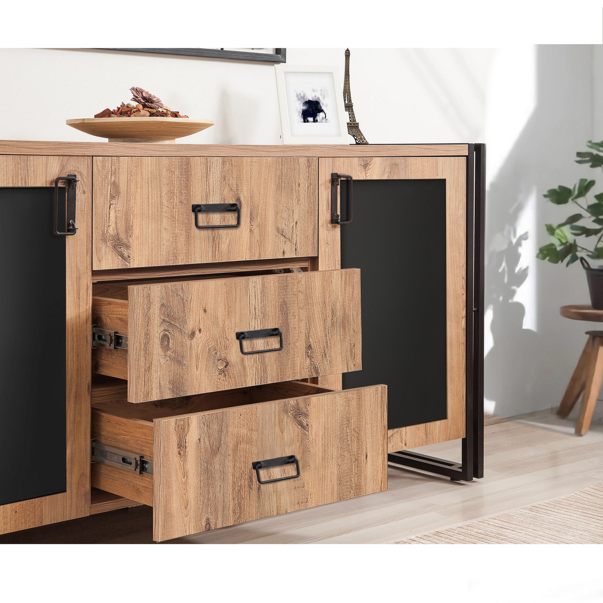 Buffet 2 portes 3 tiroirs style industriel bois chêne clair et métal noir Dukita 160cm