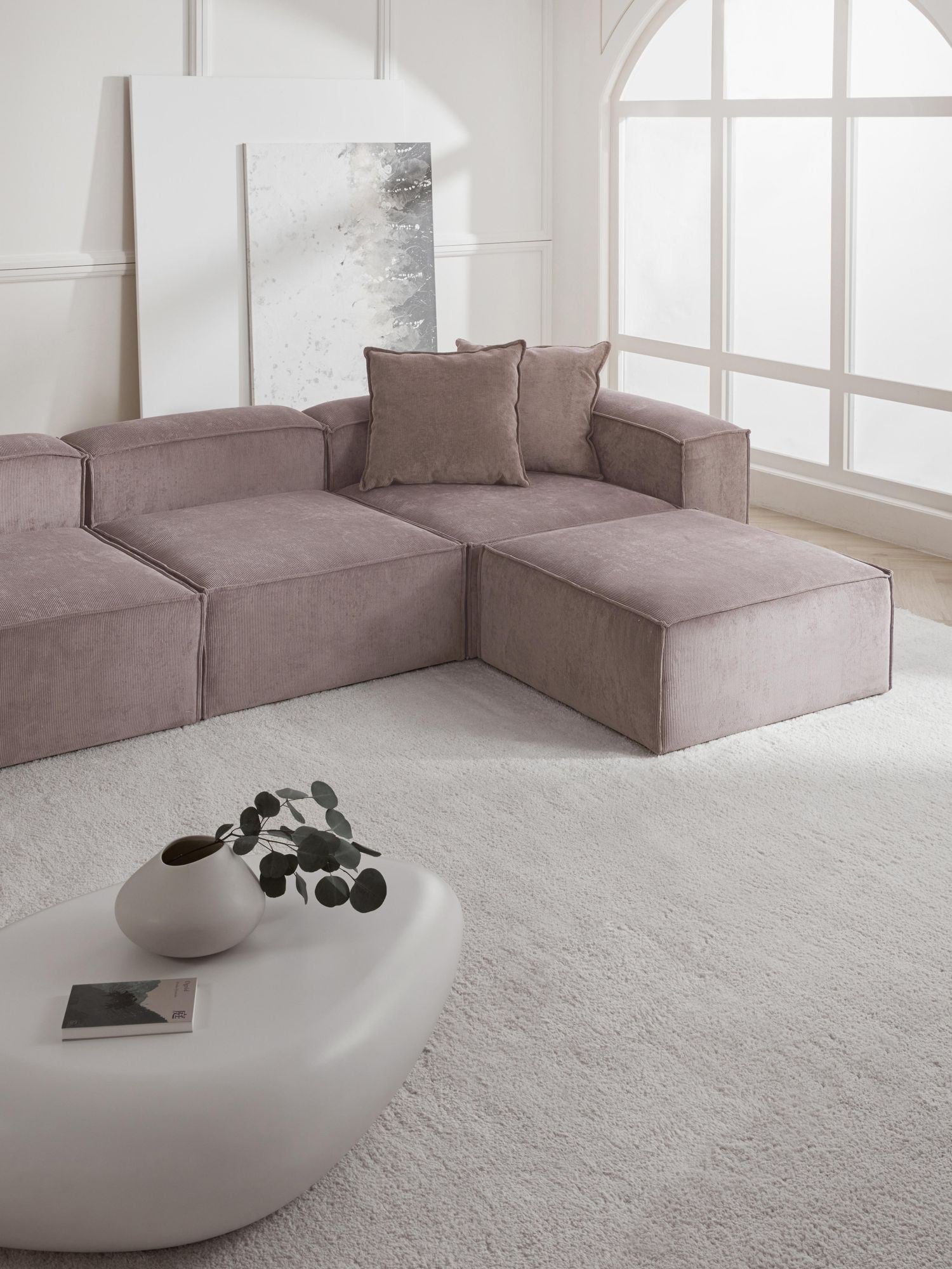 Canapé modulable 4 places en velours côtelé avec pouf Frida