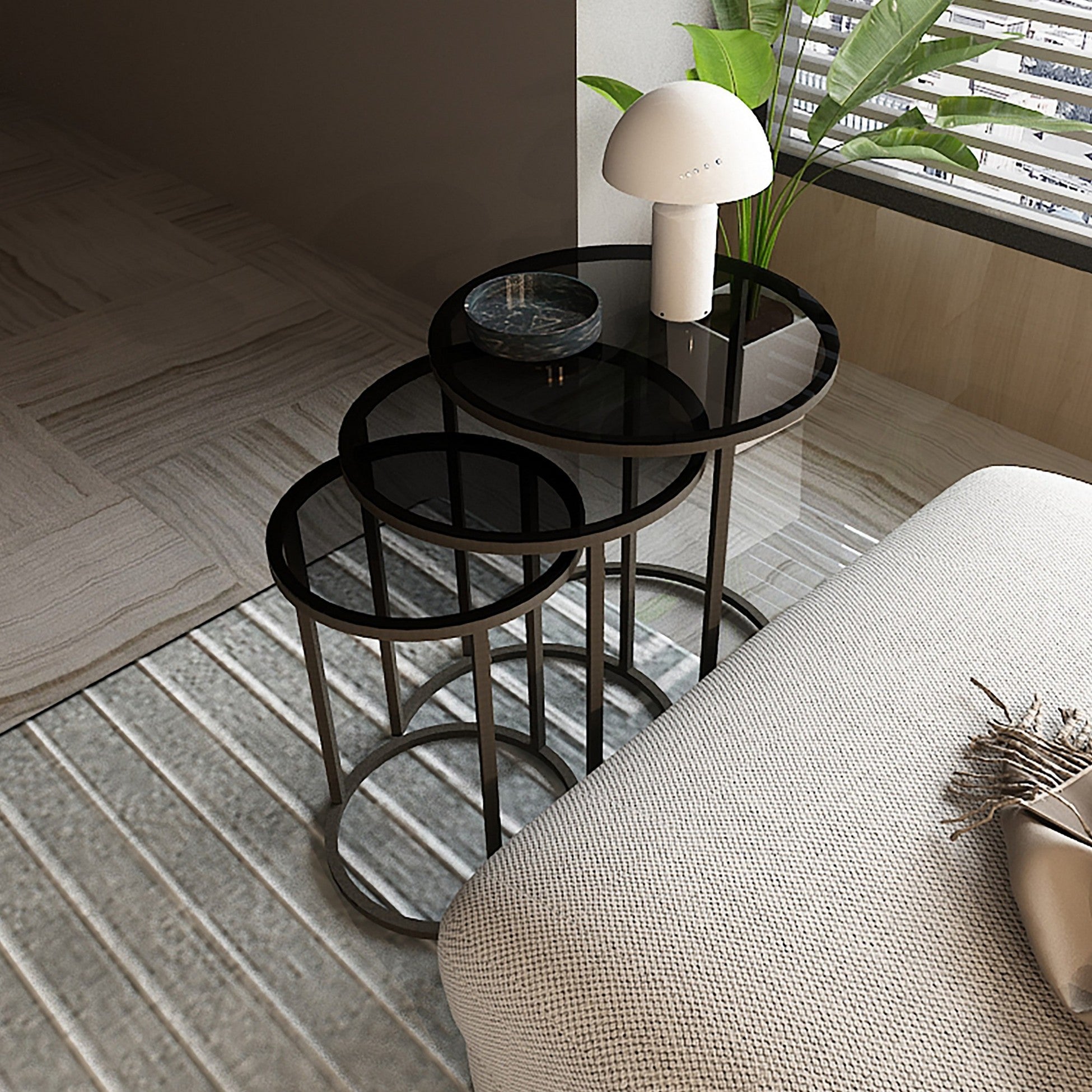 Set de 3 tables d'appoint kyyjärvi rondes gigognes noir transparent