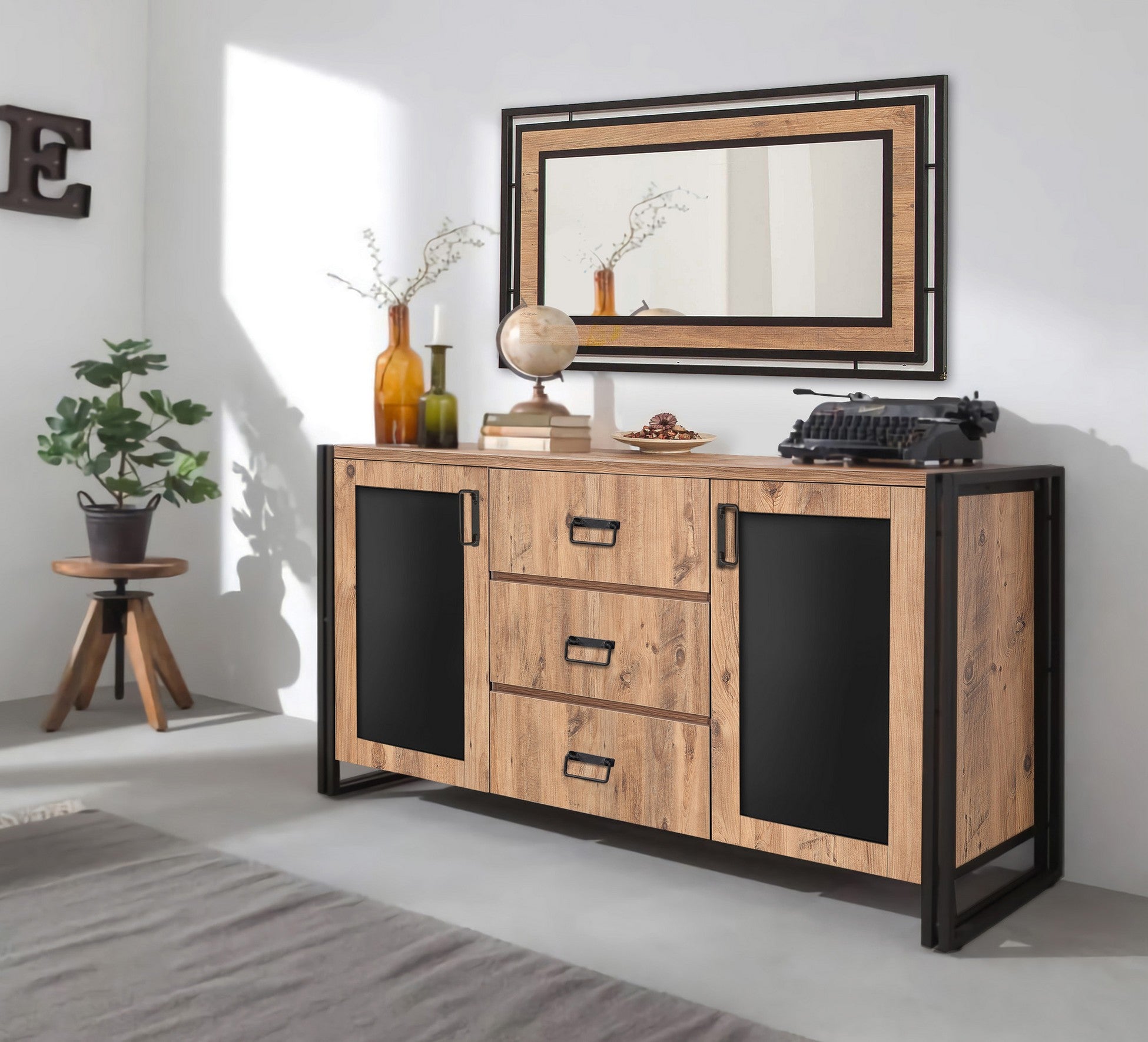 Buffet 2 portes 3 tiroirs style industriel bois chêne clair et métal noir Dukita 160cm