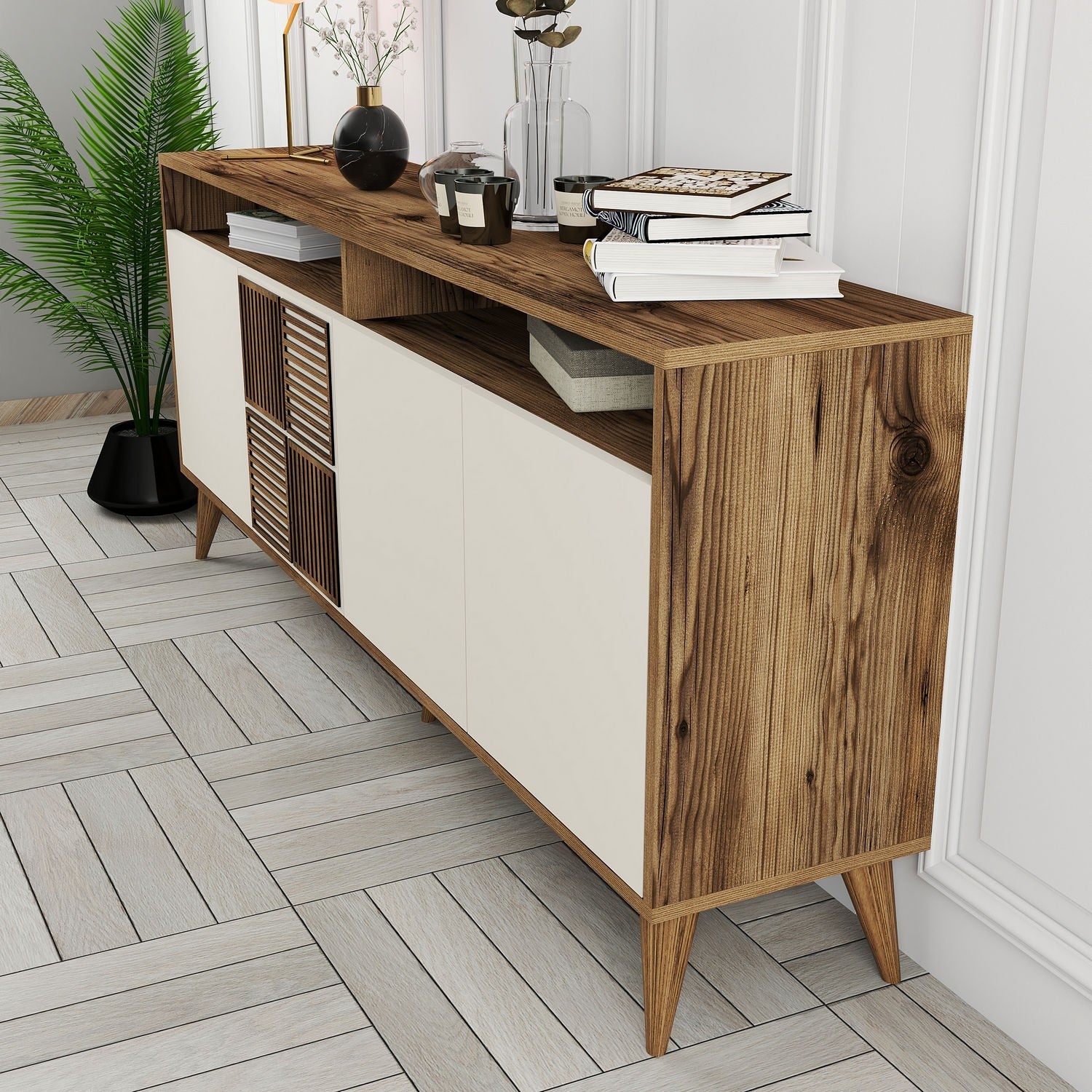 Buffet bas 4 portes et 2 tiroirs Kaltes L160cm Bois et Blanc crème