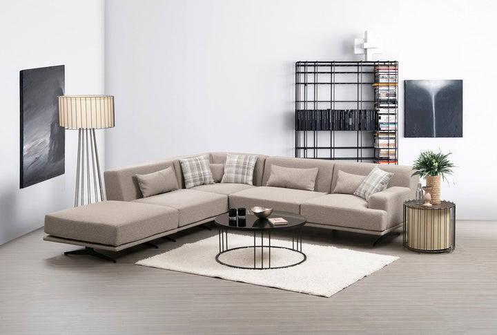 Canapé d'angle à gauche avec pouf et 3 coussins Ravina Tissu Beige