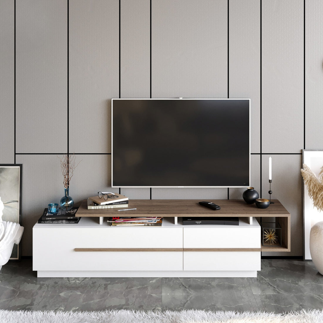 Meuble TV Pia - Walnut, White