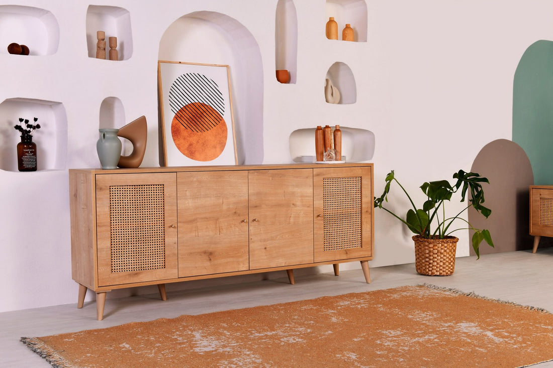 Buffet bas 4 portes avec cannage Lodim L180cm Chêne clair