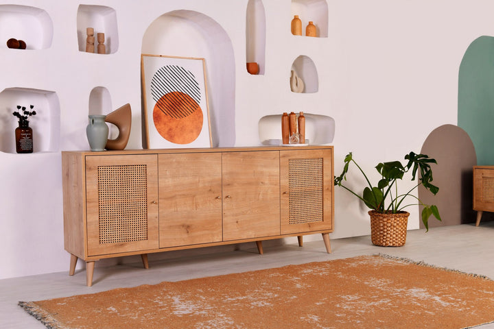 Buffet bas 4 portes avec cannage Lodim L180cm Chêne clair
